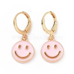 Hollow Out Smiling Face Enamel Hoop Earrings for Women, Double Side Light Gold Tone Alloy Dangle Earrings, Pearl Pink, 25mm, Pin: 0.7mm(EJEW-G304-01KCG-03)