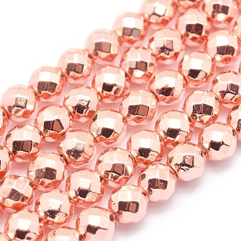 Electroplate Non-magnetic Synthetic Hematite Beads Strands, Grade AAA, Long-Lasting Plated, Faceted, Round, Rose Gold Plated, 6mm, Hole: 1mm, about 73pcs/strand, 15.7 inch(40cm)
