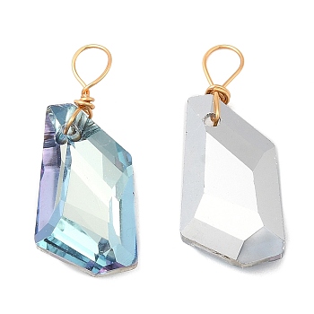 Glass Pendants, with Light Gold Brass Loops, Faceted, Twist Rhombus Charms, Pale Turquoise, 24x10x10mm, Hole: 3.8~4.5x3~3.5mm