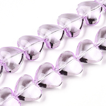 Transparency Glass Beads Strands, Heart, Plum, 12.5x14.5x8mm, Hole: 0.8mm, about 50pcs/strand, 24.61''(62.5cm)