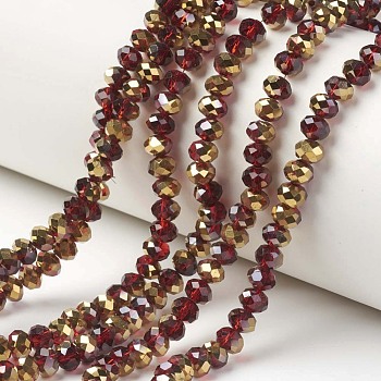 Electroplate Transparent Glass Beads Strands, Half Golden Plated, Faceted, Rondelle, Dark Red, 4x3mm, Hole: 0.4mm, about 113~115pcs/strand, 41~42cm