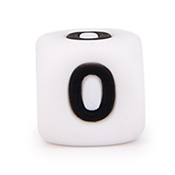 Silicone Beads, for Bracelet or Necklace Making, Black Arabic Numerals Style, White Cube, Num.0, 10x10x10mm, Hole: 2mm