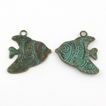 Zinc Alloy Pendants, Cadmium Free & Lead Free, Fish, Antique Bronze & Green Patina, 33x29x2mm, Hole: 3mm