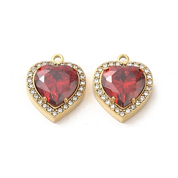 304 Stainless Steel Pendants, with Glass and Rhinestone, Heart Charms, Red, 16x14x5.7mm, Hole: 1.4mm