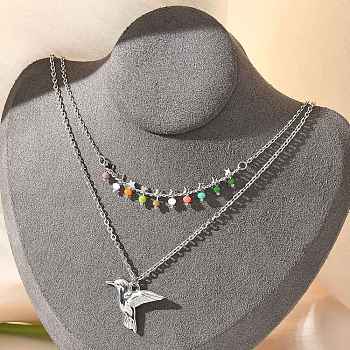 304 Stainless Steel & Colorful Glass Beads Double Layer Necklaces, Bird Pendant Necklaces for Women, Stainless Steel Color, 16.22 inch(41.2cm)