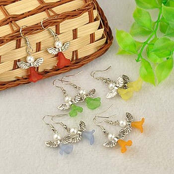 Lovely Wedding Dress Angel Dangle Earrings, with Tibetan Style Beads, Glass Pearl Beads, Transparent Acrylic Beads and Brass Earring Hooks, Mixed Color, 40mm