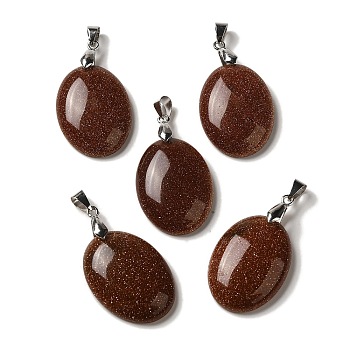 Synthetic Goldstone Pendants, Oval Charms with Rack Plating Platinum Plated Brass Snap on Bails, 30x21.5~22x6~6.5mm, Hole: 6x4mm
