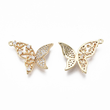 Brass Micro Pave Clear Cubic Zirconia Pendants, Nickel Free, Butterfly with Flower, Real 18K Gold Plated, 17x18x2.5mm, Hole: 0.9mm