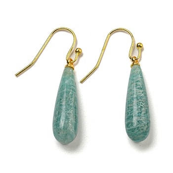 Ion Plating(IP) Natural Amazonite Dangle Earring, with Brass Earring Hook, Teardrop, 34~36x7~7.5mm