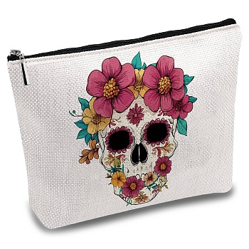 Polycotton Custom Canvas Storage Bags, Metal Zipper Pouches, Rectangle with Pattern, Skull, 18x25cm