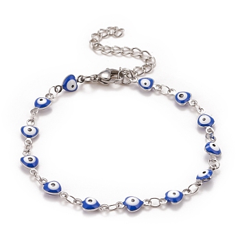 Enamel Heart with Evil Eye Link Chains Bracelet, 304 Stainless Steel Jewelry for Women, Stainless Steel Color, Blue, 6-3/4 inch(17.1cm)