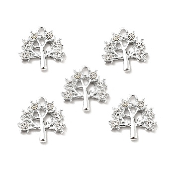 Alloy Rhinestone Pendants, Platinum Tone Tree Charms, Crystal, 15x15x2.8mm, Hole: 1.6mm