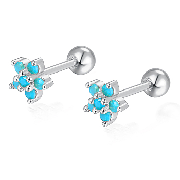 S925 Sterling Silver Flower Stud Earrings, with Sodalite, Silver, Silver, 5x3mm