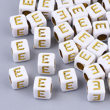 Plating Acrylic Beads, Horizontal Hole, Golden Metal Enlaced, Alphabet Style, Cube, Letter.E, 5.5~6x5.5~6x5.5~6mm, Hole: 3.5mm