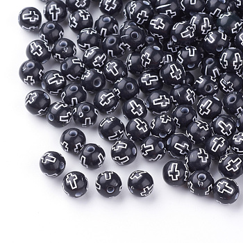 Craft Style Acrylic Beads, Round with Cross, Black, 8mm, Hole: 2mm, about 2000pcs/500g