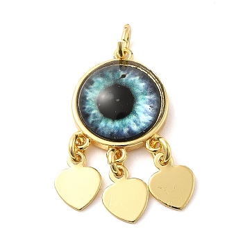 Real 18K Gold Plated Brass Pendants, with Acrylic and Jump Ring, Flat Round with Evil Eye Charms, Pale Turquoise, 28x14x5mm, Hole: 3.4mm