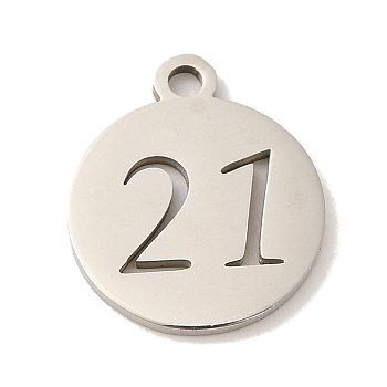 201 Stainless Steel Charms, Laser Cut, Flat Round with Number 21, Stainless Steel Color, 14x12x1mm, Hole: 1.6mm
