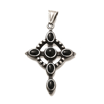 Antique Silver 304 Stainless Steel Pendants, Cross Pendants, with Glass, Black, 50x35x5.50mm,Hole:7.50mm