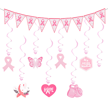 AHADEMAKER Paper Banners & Breast Cancer Awareness Ribbon Pendant Decoration, with Silk Cord & Plastic Blunt Needle, for Party, Hot Pink, 2 sets/box