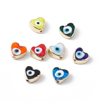 Handmade Evil Eye Lampwork Beads, with Brass Findings, Lead Free & Cadmium Free, Long-Lasting Plated, Heart, Mixed Color, 11~11.5x12~12.5x5.5~6mm, Hole: 1.5mm