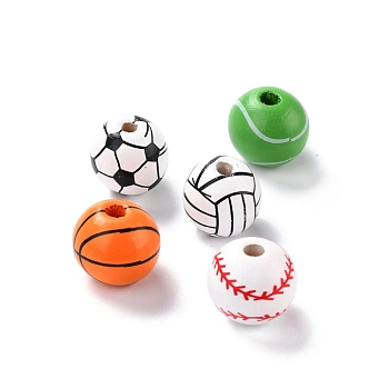 Natural Wood Beads, Dyed, Round, Mixed Sports Ball Patterns, Mixed Shapes, 15.5x14.5mm, Hole: 3.2mm