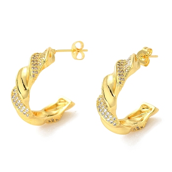 Brass Micro Pave Clear Cubic Zirconia Stud Earrings for Women, Spiral Letter C, Real 16K Gold Plated, 24.5x6mm