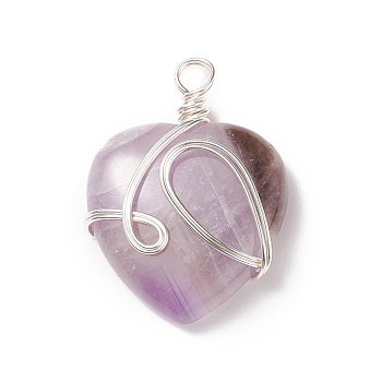 Natural Amethyst Pendants, with Silver Tone Copper Wire Wrapped, Heart, 39~41x30~30.5x8.5~9.5mm, Hole: 4~4.2mm
