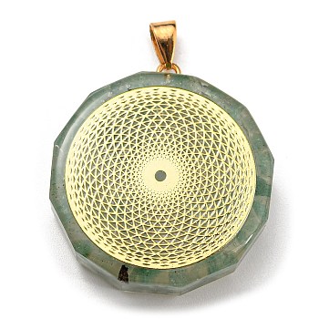 Natural Green Aventurine Polygon Pendants, Polygon Charms with Golden Plated Alloy Round Slice, 39.5x35x10.5mm, Hole: 6.5x4mm