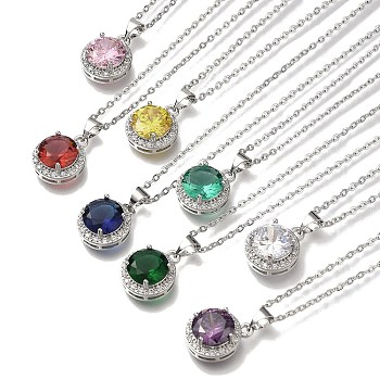 304 Stainless Steel Cable Chain Necklaces, Brass Clear Cubic Zirconia Flat Round Pendant Necklaces, Platinum & Stainless Steel Color, Mixed Color, 17.91 inch(45.5cm)