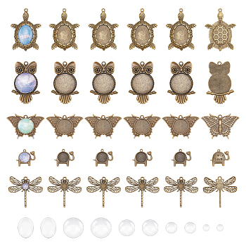 Elite DIY Blank Dome Pendant Making Kit, Including Alloy Pendant Cabochons Settings, Glass Cabochons, Elephant & Turtle & Owl & Butterfly & Dragonfly, Antique Bronze, 60Pcs/box