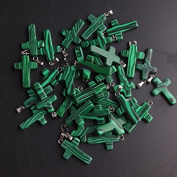 Synthetic Malachite Pendants, with Platinum Tone Brass Findings, Cross, 25x18mm