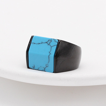 Rectangle Synthetic Turquoise Finger Ring, Electrophoresis Black Titanium Steel Jewelry, Electrophoresis Black, Inner Diameter: 18.2mm