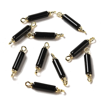 Natural Black Onyx(Dyed & Heated) Connector Charms, Column Links with Real 18K Gold Plated Brass Double Loops, 24x4mm, Hole: 1.5mm