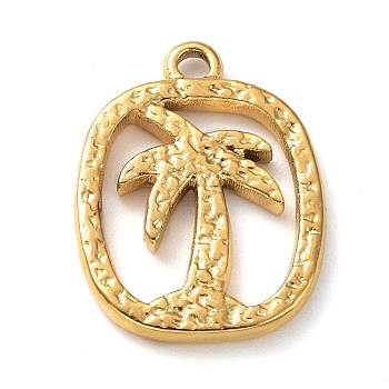 Ion Plating(IP) 304 Stainless Steel Pendants, Oval with Coconut Tree Charm, Real 18K Gold Plated, 18.5x14x2mm, Hole: 1.6mm