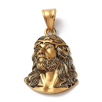 Ion Plating(IP) 304 Stainless Steel Pendants, Jesus Face Charm, Antique Golden, 31.5x23.5x5.5mm, Hole: 4.5x8.5mm