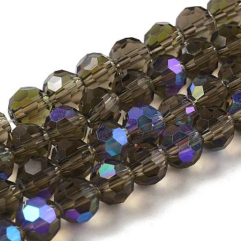Electroplate Transparent Glass Beads Strands, Faceted, Round, Rainbow Plated, Dark Khaki, 8mm, Hole: 1mm, about 66~69pcs/strand, 19.29~19.57 inch(49~49.7cm)