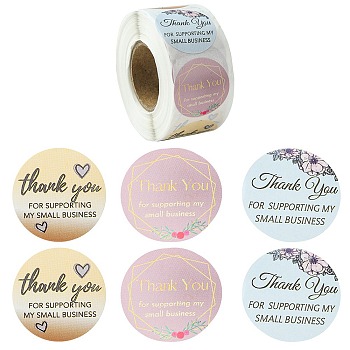 3 Patterns Round Dot Thank You Paper Self-Adhesive Gift Sticker Rolls, for DIY Albums Diary, Laptop Decoration Cartoon Scrapbooking, Mixed Color, 25mm, 500pcs/roll
