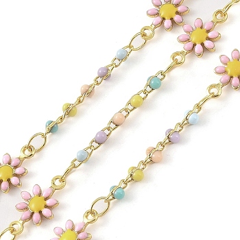Brass Daisy Flower Link Chains, with Enamel Beaded, Real 18K Gold Plated, Soldered, with Spools, Long-Lasting Plated, Cadmium Free & Lead Free, Colorful, 12.5x7x1.6mm