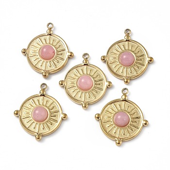 Vacuum Plating 201 Stainless Steel Natural Rose Quartz Pendants, Real 18K Gold Plated, Flat Round Charms, 20.5x18x4mm, Hole: 1.2mm