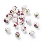 Floral Printed Porcelain Beads, Flower Patterned Ceramic Round Beads, Purple, about 12mm in diameter, hole: 2.5mm(X-CFF042Y)