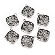 Tibetan Style Alloy Tree Pendants, Cadmium Free & Nickel Free & Lead Free, Rhombus, Antique Silver, 23x20x2mm, Hole: 2mm(TIBEP-GC172-AS-NR)