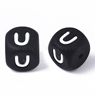 Food Grade Eco-Friendly Silicone Beads, Horizontal Hole, Chewing Beads For Teethers, DIY Nursing Necklaces Making, Cube, Black, Letter.U, 12x12x12mm, Hole: 2mm(SIL-T055-U)