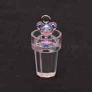AB Color Plastic Pendants, with Platinum Tone Iron Loops, Imitation Food, Bubble Tea with Bear, Pink, 26.5x12.7mm, Hole: 2mm(KY-CJC0017-02G)