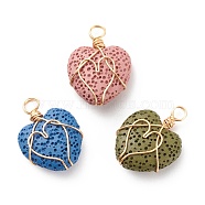 Synthetic Dyed Lava Rock Pendants, with Golden Tone Copper Wire Wrapped, Heart Charm, Mixed Color, 27~28x19~20x8~8.5mm, Hole: 3.7~4.4mm(PALLOY-JF01720)