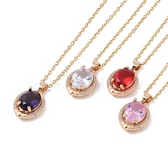 304 Stainless Steel Cable Chain Necklaces, Brass with Cubic Zirconia Pendant Necklaces, Real 18K Gold Plated, Oval, Mixed Color, 15.75 inch(400mm)(NJEW-P309-03G)