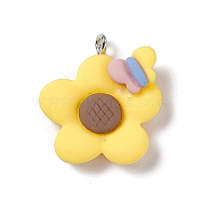 Opaque Resin Pendants, with Platinum Tone Iron Loops, Yellow, Sunflower Pattern, 24x22x7.5mm, Hole: 2mm(RESI-M028-03D)