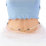 Glass Seed & Cat Eye Waist Beads, Brass Evil Eye Charm Belly Chains for Women, White, 31.69 inch(80.5cm)(NJEW-C00030-01)