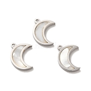 304 Stainless Steel Pendants, Crescent Moon Charms, with Shell, Stainless Steel Color, 16x13x2mm, Hole: 1.4mm(STAS-A080-13P)