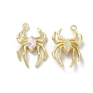 Glass Spider Pendant, with Light Gold Alloy Findings, Lead Free & Cadmium Free, Misty Rose, 25.5x17x4.5mm, Hole: 1.6mm(PALLOY-K001-067G-01)