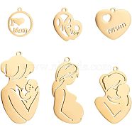 PandaHall Elite 6Pcs 6 Style 304 Stainless Steel Pendants, Heart & Pregnant Woman & Mother & Child, for Mother's Day, Real 18K Gold Plated, 17.5~46x15.5~25x1~1.5mm, Hole: 1.4~2mm, 1pc/style(STAS-PH0004-43)